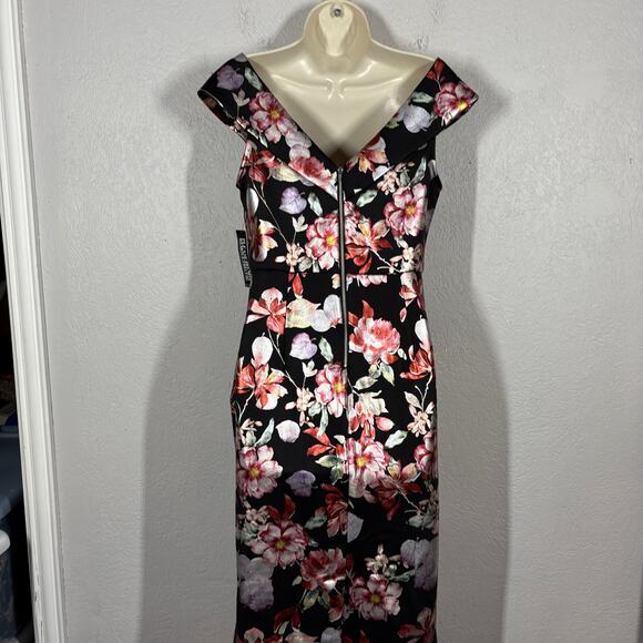 NY & Co Floral Metallic Sheath Dress Print Black Formal Cap Sleeve V Neck - M - Picture 5 of 7